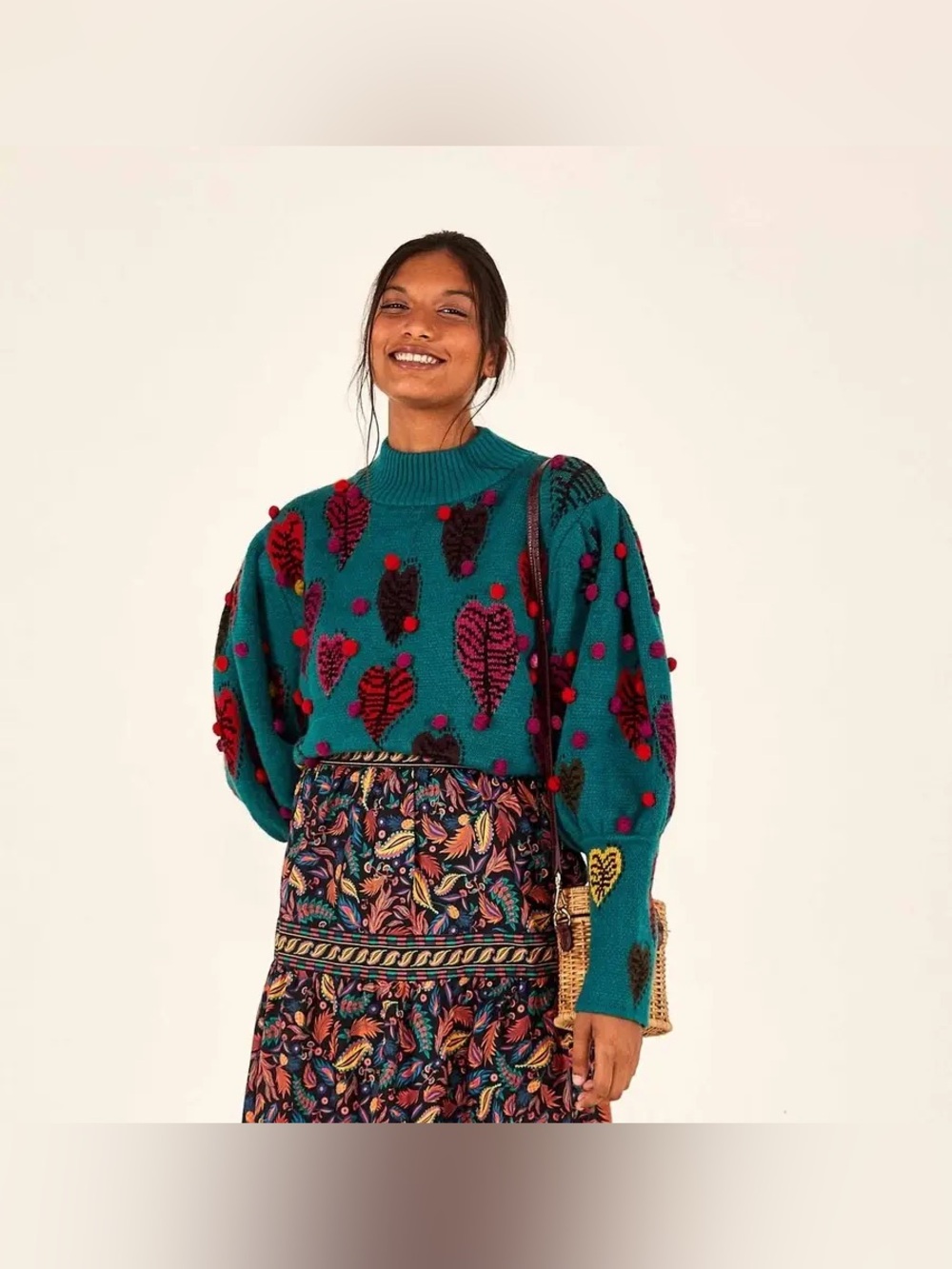 Anthropologie Farm Rio Monstera PomPom Knit Sweater S ASO Pretty Little Liars